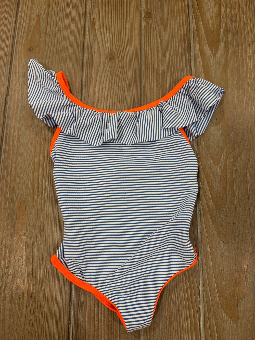 Mini Boden Navy and White Stripe One-Piece Swimsuit with Bright Orange Trim
